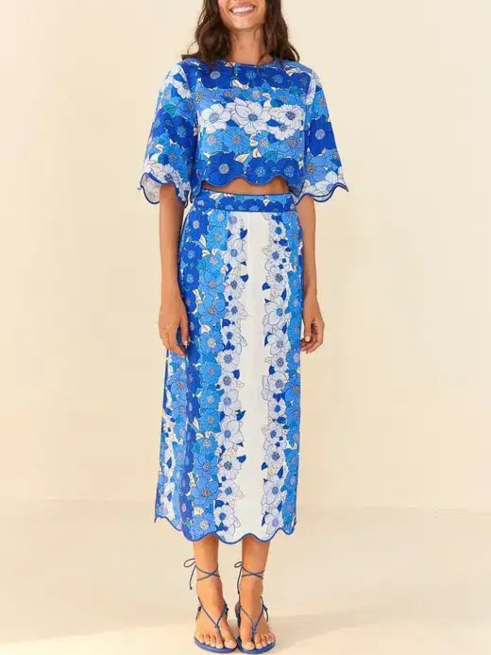 NWT - FARM Rio - Flower Stripes Linen Blend Midi Skirt - M